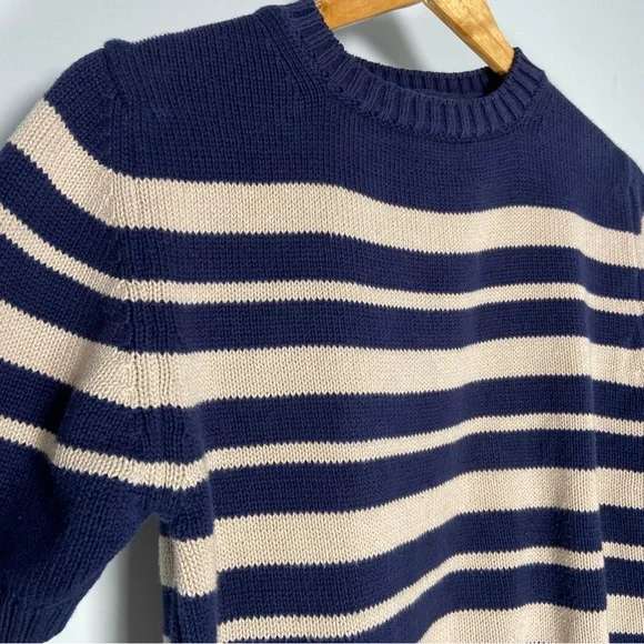 Lands End Vintage Short Sleeve Sweater Cream Navy Nautical Coastal Grandma Knit - Picture 3 of 9